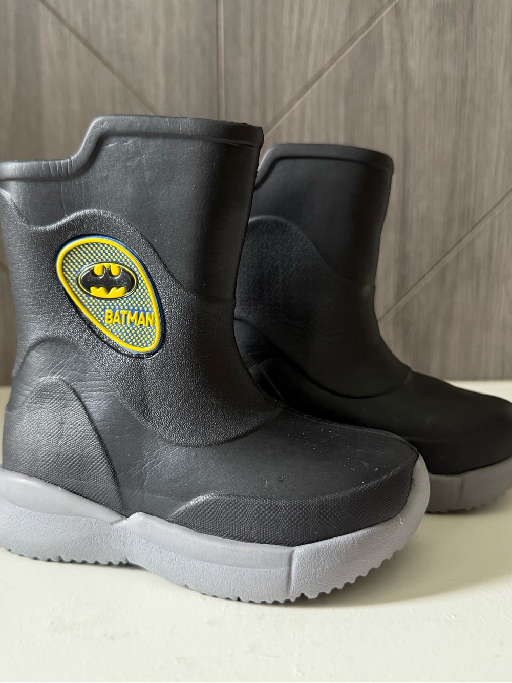 Batman Black Kids Boots with Yellow Logo and Gray Sole